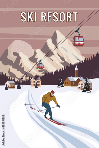 Mountain skier vintage winter resort village Alps, Switzerland. Snow landscape peaks, slopes with red gondola lift, with wooden old fashioned skis and poles. Travel retro poster