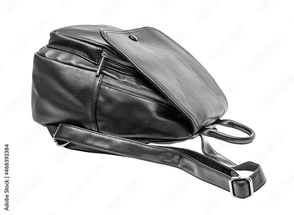 Beautiful black leather backpack on a white background. Beautiful black leather backpack on a white background.
