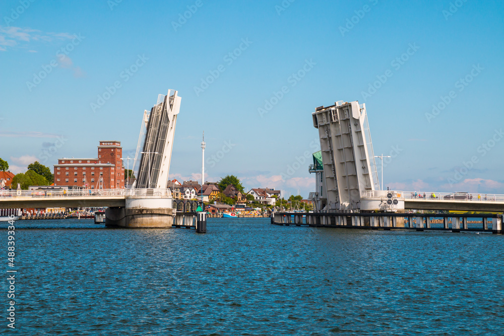 Open drawbridge in Kappeln with buildings in the background