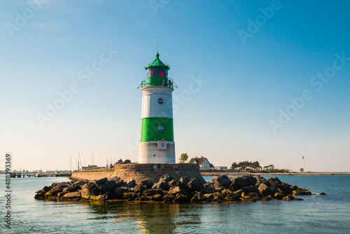 Green lighthouse in entry in Schlei, Germany