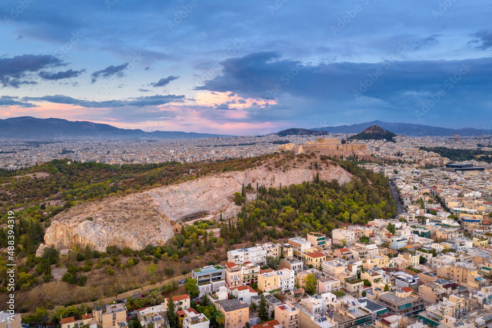 Aerial view of the Acropolis of Athens, Greece, Europe. The Old Acropolis is the main attraction of Athens.