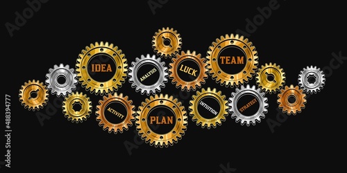 Business concept of success with connected gold and silver gearwheels. Key points of idea of success - strategy, analytics, research, teamwork, etc. Vector infographic illustration on black