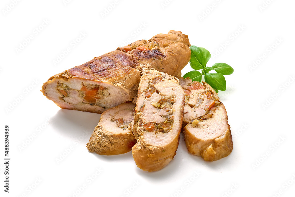 Stuffed baked meatloaf, isolated on white background.