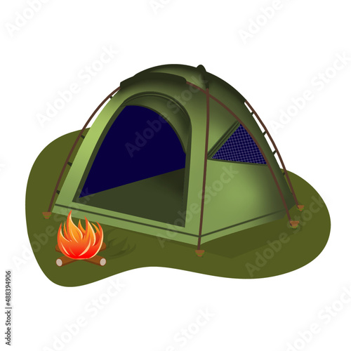Camping tent outdoor vector. Campfire outdoor activity. Travel and adventure camping equipment. Tent illustration.