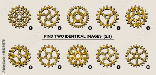 Set of gold gearwheels. The educational matching game for preschool kids. Task is to compare items and find two identical items. Vector illustration
