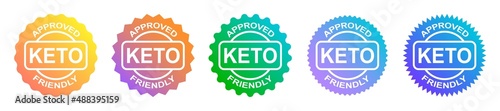 Set of keto stamps. Love keto. Ketogenic diet. Plant based vegan food product label. Gradient logo or icon. Sticker. Vegetarian.Keto approved friendly.