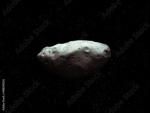 Asteroid with craters in space, surface of the space stone. Meteorite on a black background. 