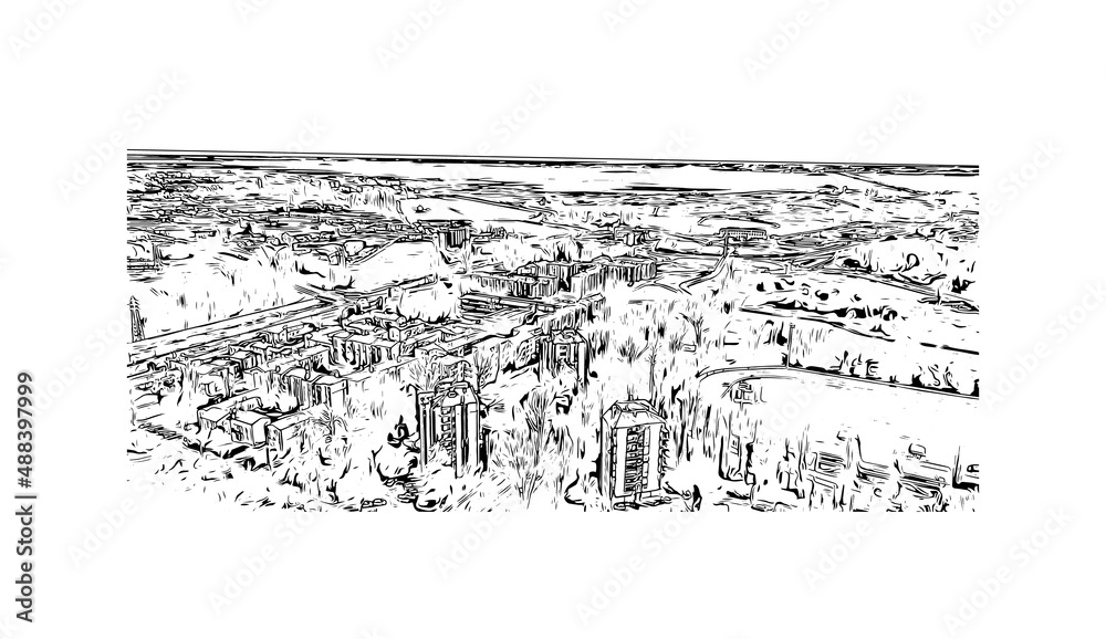 Building view with landmark of Mestre is the most populated borough in Italy. Hand drawn sketch illustration in vector.