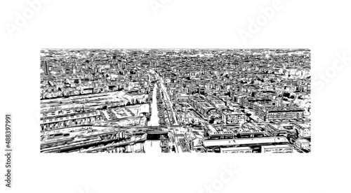 Building view with landmark of Mestre is the most populated borough in Italy. Hand drawn sketch illustration in vector.