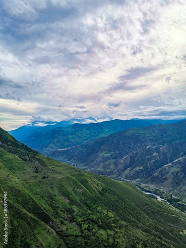 Panoramic view of the mountains from the ancient village of Goor. Russia  Dagestan 2021