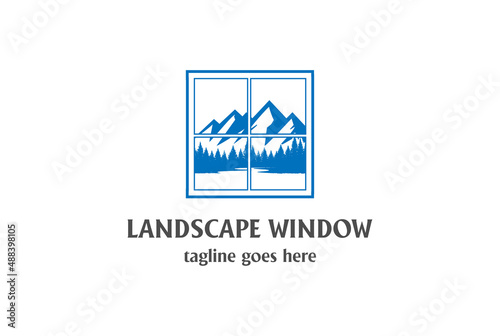 Window Mountain Pine Evergreen Spruce Cedar Conifer Larch Fir Trees Forest with River Creek Lake Logo Design Vector