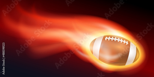 Flying flaming American football ball on a black background. EPS10 vector illustration.