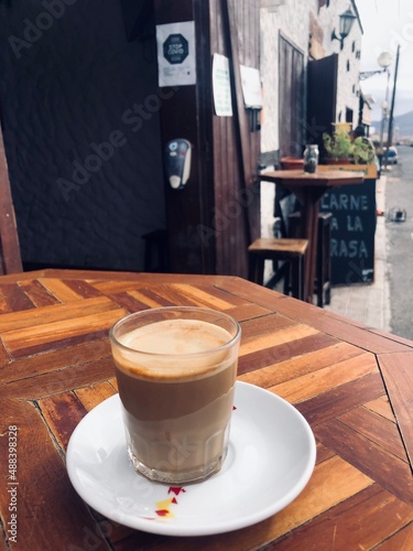 Cup of coffee on the table. Cortado in Spain caffe 