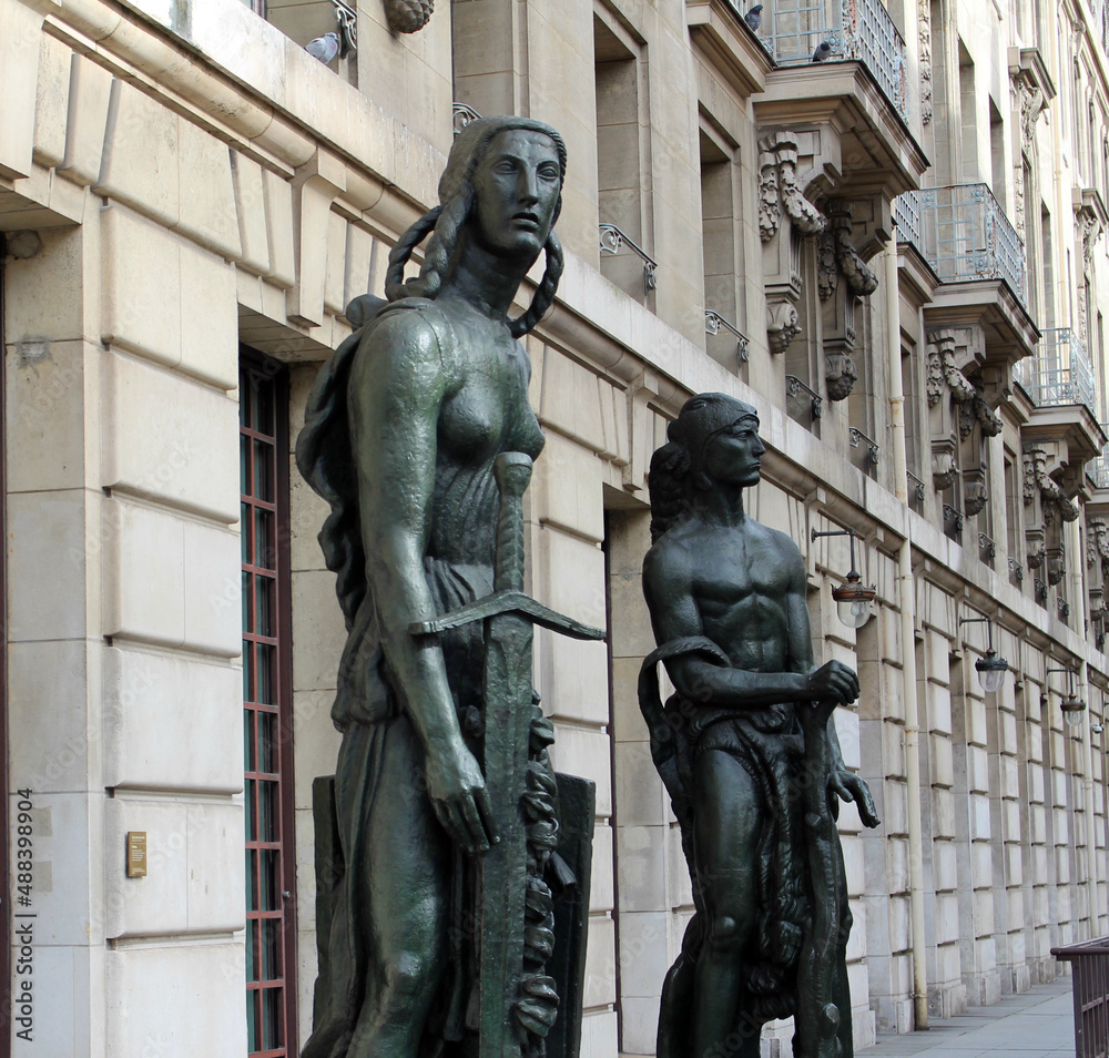 Paris. France. 16 October 2020. Bronze green sculpture women warriors near the parisian museum.