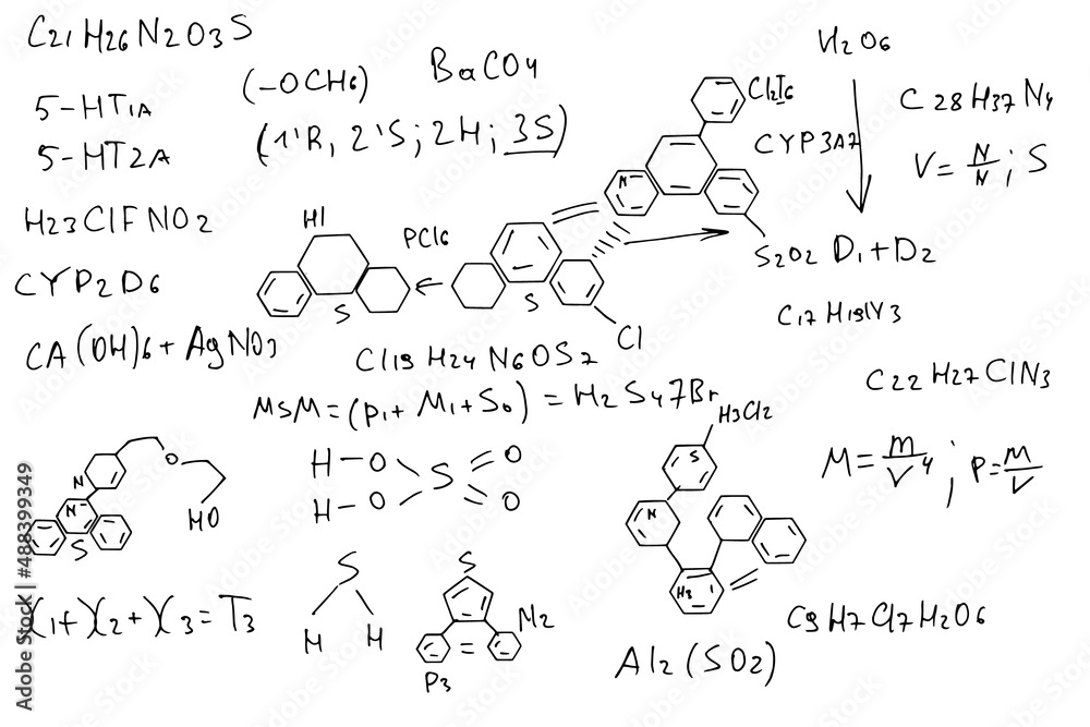 chemical formulas. hand-drawn on a white background chemical formulas. hand-drawn on a white background