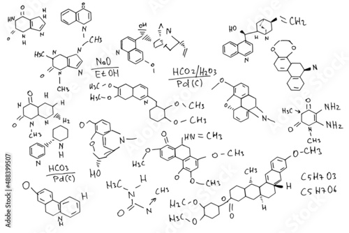 chemical formulas. hand-drawn on a white background