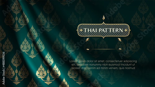 Abstract traditional thai flowers pattern background on rip curl dark green curtain. Premium Vector photo