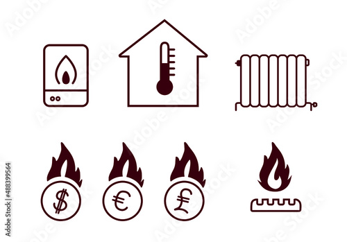 Gas price home heating cost  icons, set of  editable vector line ilustrations.