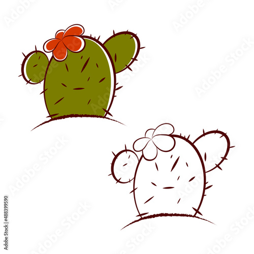Vector cactus icons with flower along with sketch