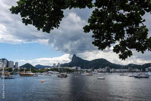 Beautiful view to ocean, boats, Christ the Redeemer and Corcovado