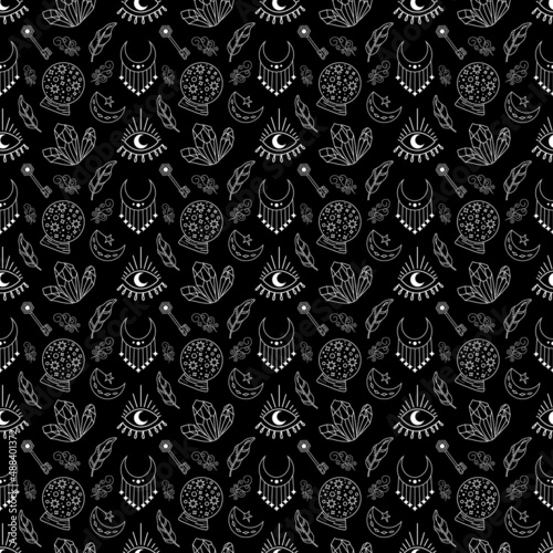 White outline magic seamless pattern on black background. Vector mystical art with boho symbols.