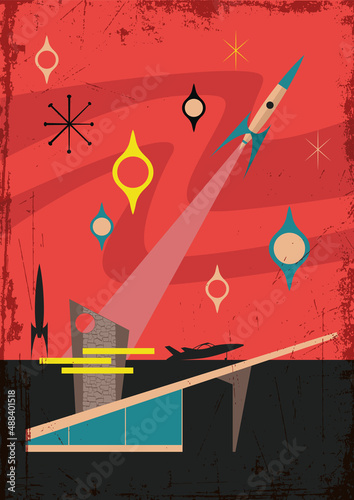 Mid Century Modern Retro Future Style Illustration, Googie Architecture, Space Rocket, 1950s - 1960s Style Colors and Shapes, Atomic Age Poster
