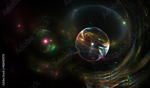 Fractal image with soap bubles or colorful space background. Quantum physics. Photon, atom, neutrino. Nanotechnology, nanocosmos, nanoworld. 3d illustration. photo