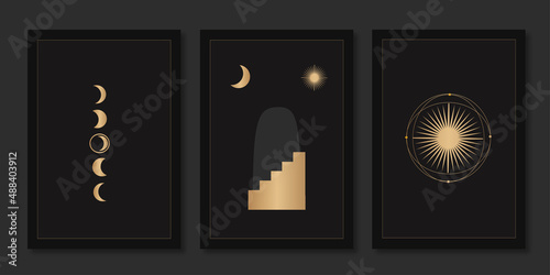 set of mystical templates for tarot cards, banners, leaflets, posters, brochures, stickers. Hand-drawn. Cards with esoteric symbols. Silhouette of planets, stars, Moon and sun. vector.