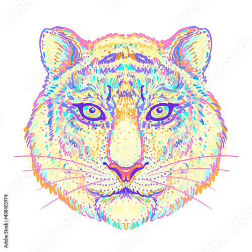 Patterned ornate tiger head. African, Indian, totem, tattoo, sticker design. ...