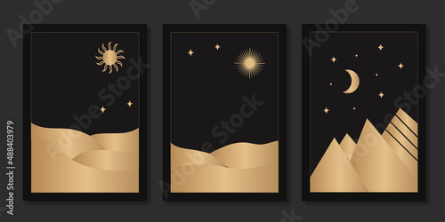 A set of mystical templates for tarot cards, banners, leaflets, posters, brochures, stickers. Cards with esoteric symbols. The silhouette of mountains, deserts, stars, moons on the zodiac map. vector.