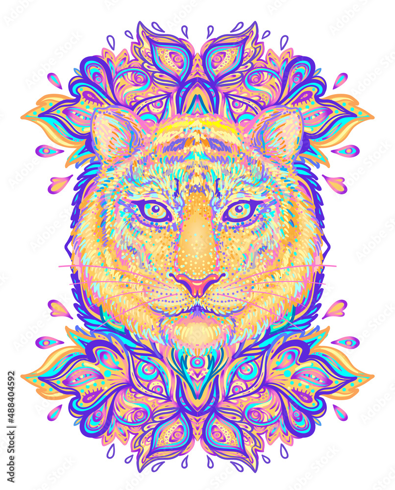 Fototapeta premium Patterned ornate tiger head. African, Indian, totem, tattoo, sticker design. Design of t-shirt, bag, postcard and posters. Vector isolated illustration in bright neon colors.