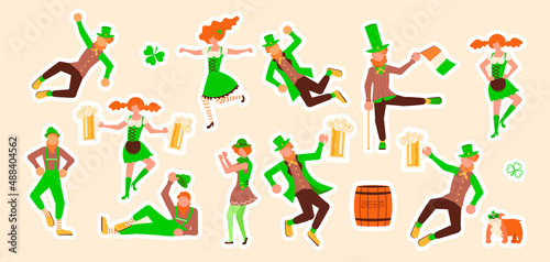 Cute leprechauns holding mugs of beer and dancing stickers set