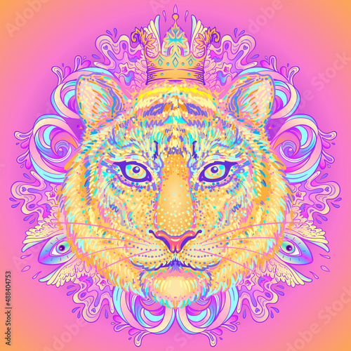Patterned ornate tiger head. African, Indian, totem, tattoo, sticker design. ...