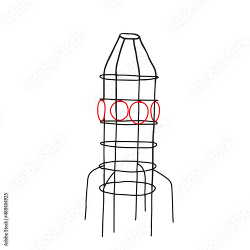 Beautiful hand-drawn red and black vector illustration of a metal swedish wall rocket for children isolated on a white background
