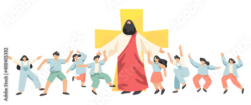 Jesus Christ with children, Messiah symbol of Christianity hand drawn vector.