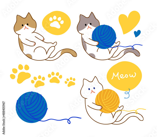 Cats and paws in different colors, hand-painted cute cats are play with yellow and blue yarn balls