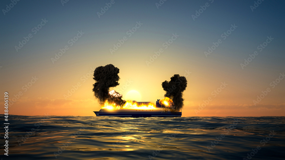Grimaldi lines, Euroferry Olimpia ferry, fire on the ferry on the route from Greece to Italy. Boat in the middle of the sea. 3d rendering
