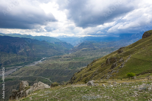 Beautiful breathtaking view of the mountains during a thunderstorm in Dagestan, Caucasus Russia