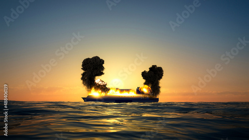 Grimaldi lines, Euroferry Olimpia ferry, fire on the ferry on the route from Greece to Italy. Boat in the middle of the sea. 3d rendering 