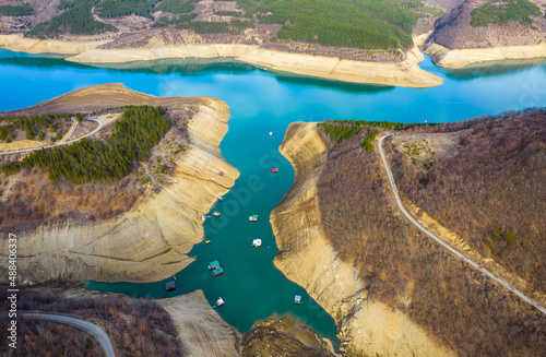 aerial view of the lake and mountains