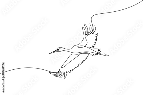 Stork flying in the sky in continuous line art drawing. Stork bird in flight black linear sketch isolated on white background. Vector illustration