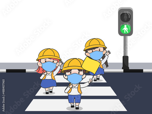 Hand drawn cute elementary school japanese children crossing the crosswalk by green color traffic light.