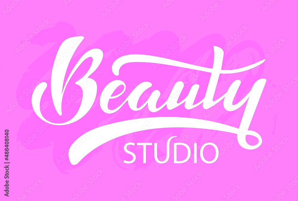 Beauty studio. White letters handwritten logo on a pink background with a texture. Stylish logotype for the beauty business, studio, salon. Vector illustration. Fashion.
