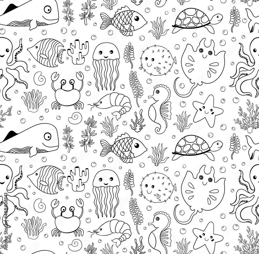Seamless pattern coloring book ocean animal.Sea wildlife underwater.Background cartoon style. Seamless pattern coloring book ocean animal.Sea wildlife underwater.Background cartoon style.