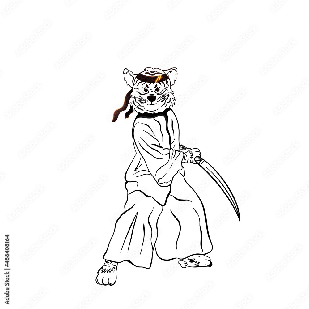 Character design tiger samurai. Children's coloring