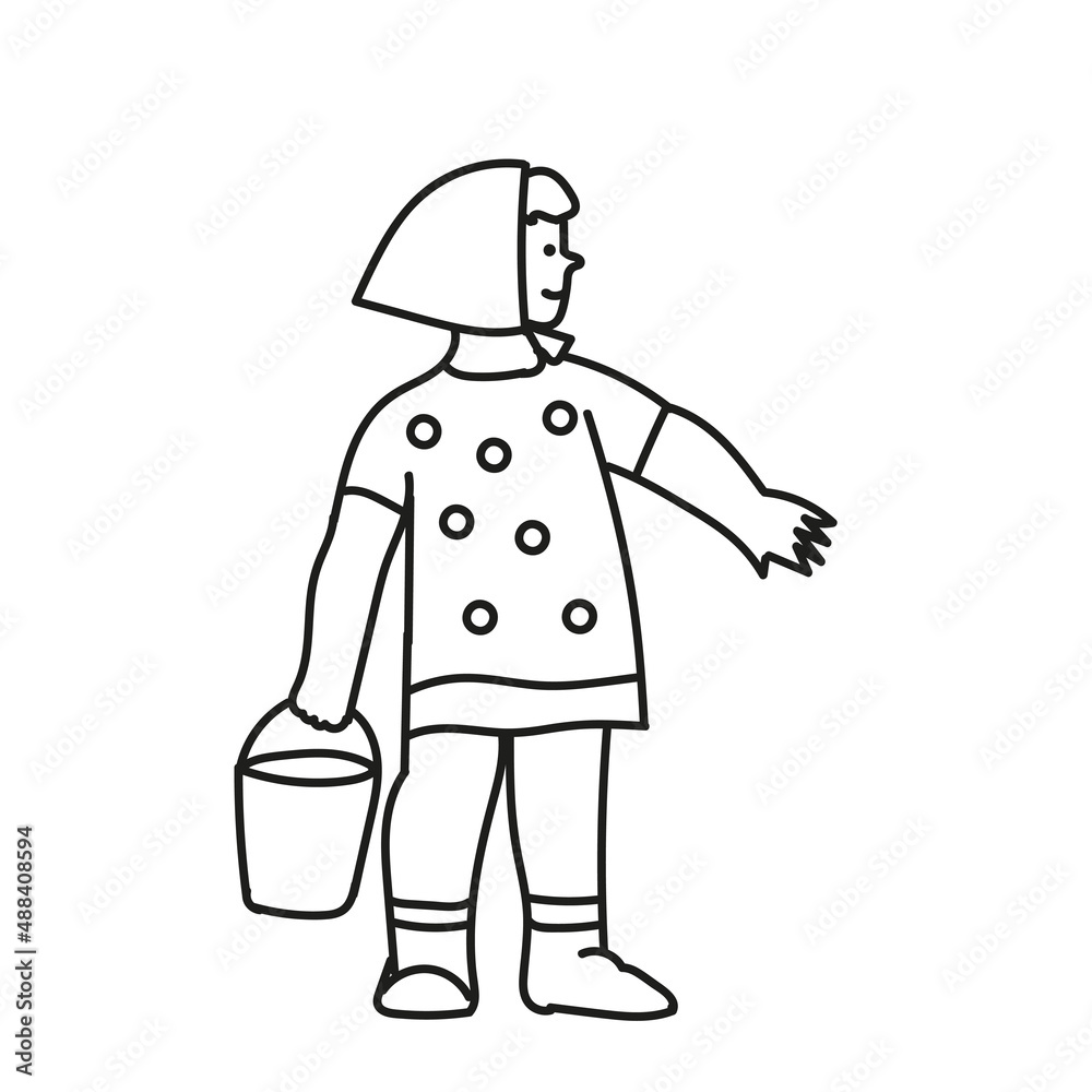 Black outline hand drawing vector illustration of a girl with a bucket in a summer garden isolated on a white background Black outline hand drawing vector illustration of a girl with a bucket in a summer garden isolated on a white background