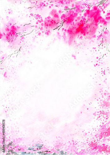 Watercolor abstract washi blossom background. Blooming sacura, spring tree texture, scene, landscape, splash, stain