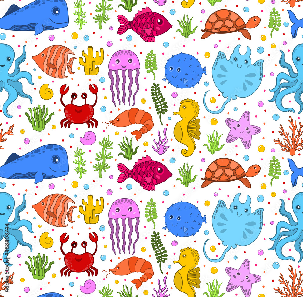 Seamless pattern ocean animal.Sea wildlife underwater.Background cartoon style.