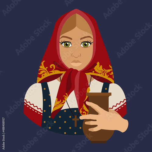 Avatar of a young peasant girl in a red scarf with a jug in her hand. Historical vector character.