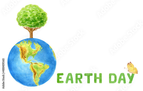 Earth Day concept for banner, poster or greeting card. World Environment Day. Saving planet. Hand drawn watercolor painting.